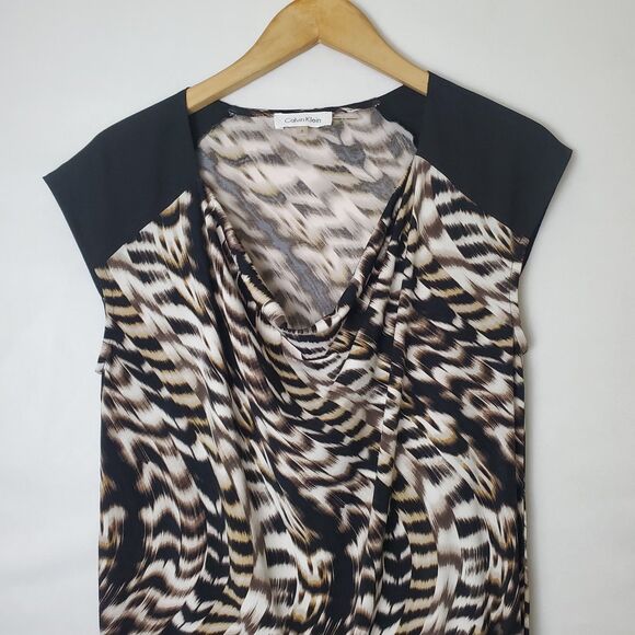 Calvin Klein Cowl Neck Top Size S Black Beige Brown Sleeveless Drawstring Waist - Picture 5 of 11